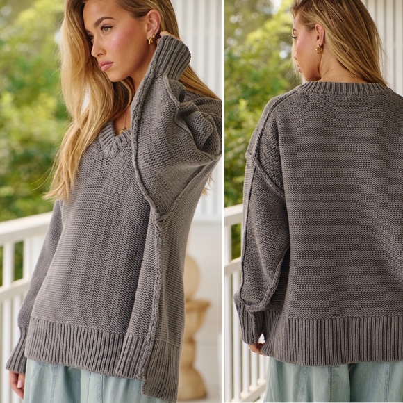 Free People Sweaters - Free People Alli Chunky Knit V-Neck Oversized Sweater Gray Size Large